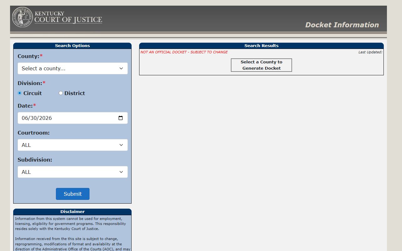 Montgomery County court dockets Kentucky public docket search interface