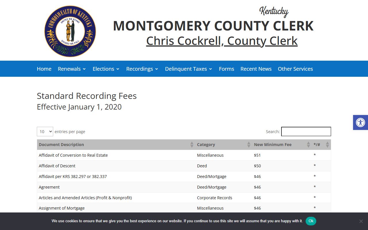 Montgomery County probate records County Clerk recording fee schedule
